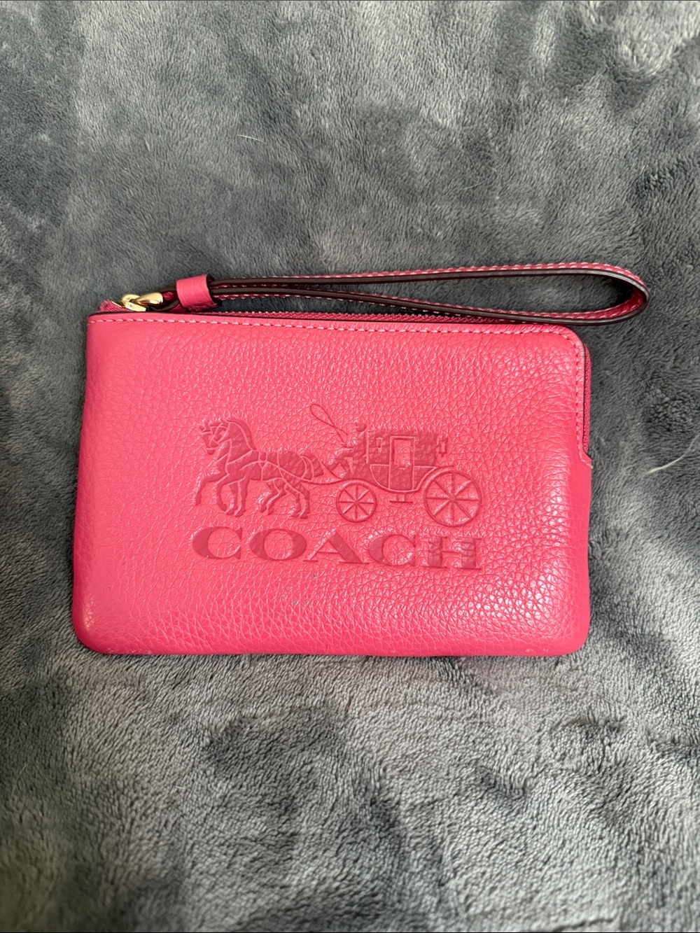 Coach Hot Pink Pebbled Leather Wristlet with Embossed Coach Horse & Carriage